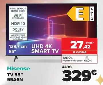 Oferta de Hisense - Tv 55 55A6N por 329€ en Carrefour