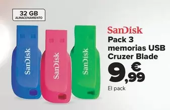 Oferta de Sandisk - Pack 3 Memorias Usb Cruzer Blade por 9,99€ en Carrefour