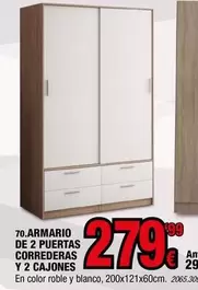 Oferta de Blanco - Armario De 2 Puertas Correderas Y 2 Cajones por 279,99€ en Rapimueble