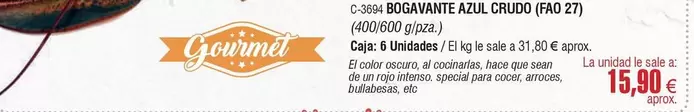 Oferta de Gourmet - Bogavante Azul Crudo por 15,9€ en Abordo