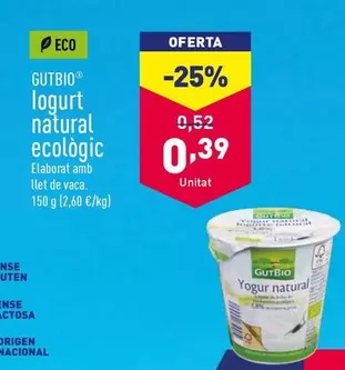 Oferta de Gutbio - Yogur Natural Ecológico  por 0,39€ en ALDI