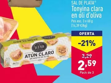 Oferta de Sal De Plata - Atún Claro En Aceite De Oliva  por 2,59€ en ALDI