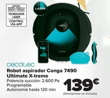 Oferta de Cecotec - Robot Aspirador Conga 7490 Ultimate X-treme por 139€ en Carrefour