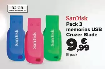 Oferta de Sandisk - Pack 3 Memorias Usb Cruzer Blade por 9,99€ en Carrefour