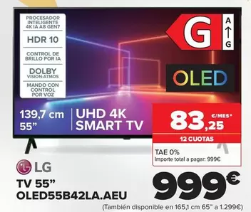 Oferta de LG - Tv 55" OLED55B42LA.AEU por 999€ en Carrefour