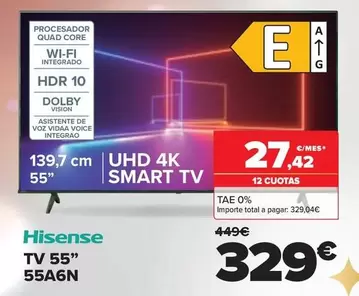 Oferta de Hisense - Tv 55 55A6N por 329€ en Carrefour