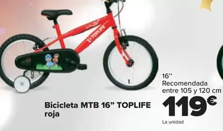 Oferta de Toplife - Bicicleta MTB 16" Roja por 119€ en Carrefour