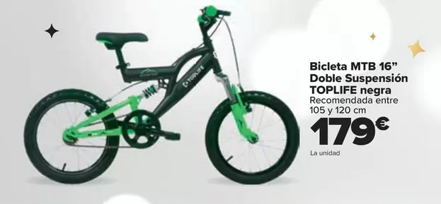 Oferta de Toplife - Bicleta MTB 16'' Doble Suspension Negra  por 179€ en Carrefour