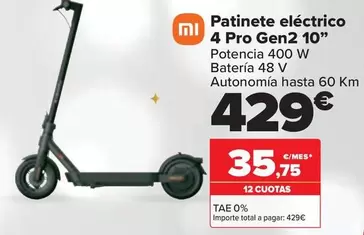 Oferta de Xiaomi - Patinete Eléctrico 4 Pro Gen2 10" por 429€ en Carrefour