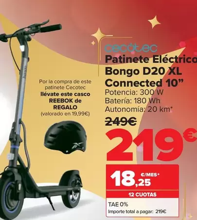 Oferta de Cecotec - Patinete Electrico Bongo D20 Xl Connected 10'' por 219€ en Carrefour