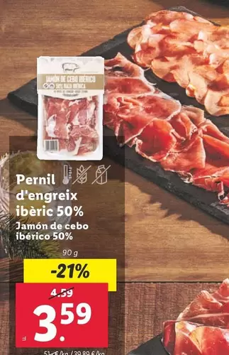 Oferta de Jamón De Cebo Ibérico 50% por 3,59€ en Lidl