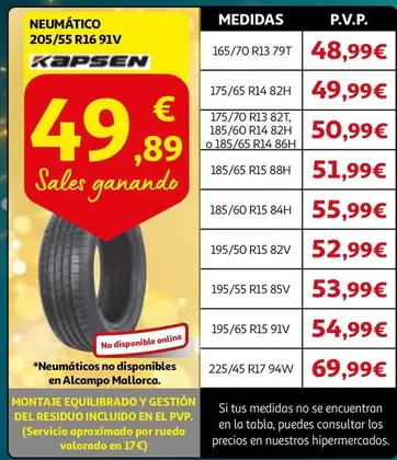 Oferta de Alcampo - Neumático 205/55 R16 91v por 49,99€ en Alcampo