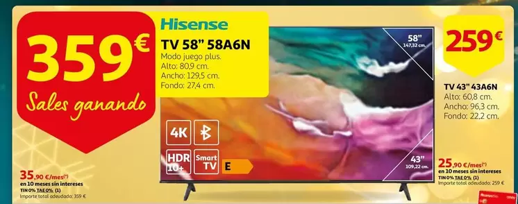 Oferta de Hisense - Tv 58" 58a6n por 359€ en Alcampo