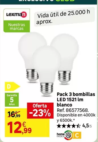 Oferta de Lexman - Pack 3 Bombillas LED 1521m Blanco por 12,99€ en Leroy Merlin