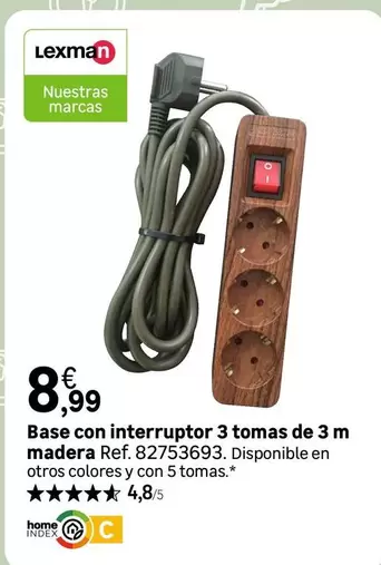 Oferta de Lexman - Base Con Interruptor 3 Tomas De 3 M Madera por 8,99€ en Leroy Merlin