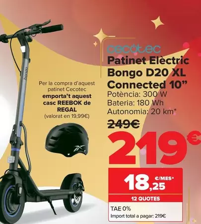 Oferta de Cecotec - Patinete Electrico Bongo D20 Xl Connected 10'' por 219€ en Carrefour