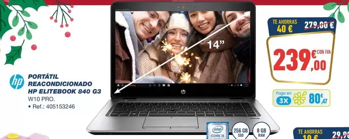 Oferta de HP - Portatil Reacondicionado Elitebook 840 G3 por 239€ en Bureau Vallée