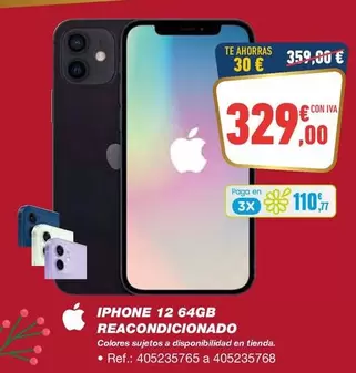 Oferta de Apple - Iphone 12 64GB Reacondicionado por 329€ en Bureau Vallée