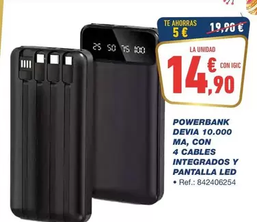 Oferta de Powerbank Devia 10.000 Ma, Con 4 Cables Integrados Y Pantalla Led por 14,9€ en Bureau Vallée