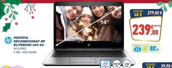 Oferta de HP - Portatil Recondicionat Elitebook 840 G3 por 239€ en Bureau Vallée