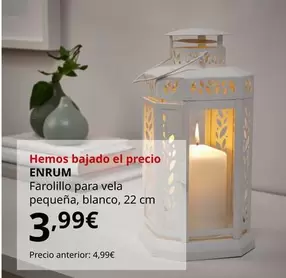 Oferta de Enrum - Farolillo Para Vela Pequeña, Blanco, 22 Cm por 3,99€ en IKEA