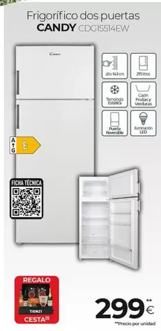 Oferta de Candy - Frigorifico Dos Puertas CDG1S514EW por 299€ en Tien 21