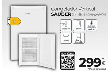 Oferta de Sauber - Congelador Vertical Serie 3-CV8424WH por 299€ en Tien 21