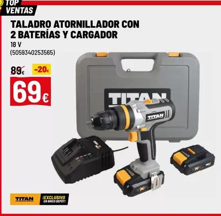 Oferta de Titan - Taladro Atornillador Con 2 Baterias Y Cargador por 69€ en Brico Depôt