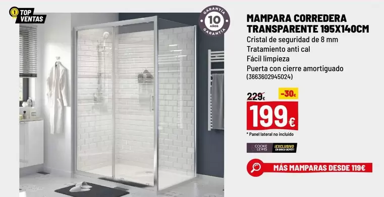 Oferta de Cristal - Mampara Corredera Transparente 195x140cm por 199€ en Brico Depôt