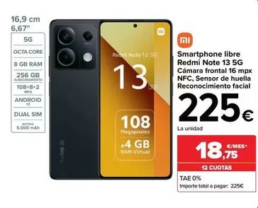 Oferta de Xiaomi - Smartphone Libre  Redmi Note 13 5G por 225€ en Carrefour