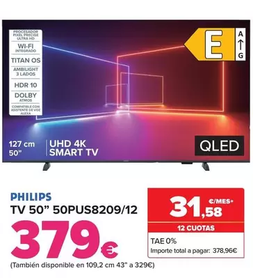 Oferta de Philips - Tv 50" 50Pus820912" por 379€ en Carrefour