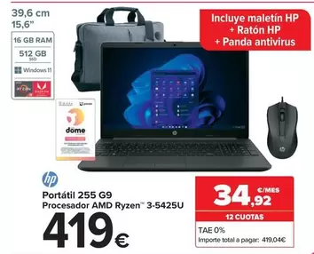 Oferta de HP - Portatil 255 G9 Procesador Amd Ryzen 3-5425u por 419€ en Carrefour