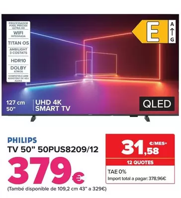 Oferta de Philips - Tv 50" 50Pus820912" por 379€ en Carrefour