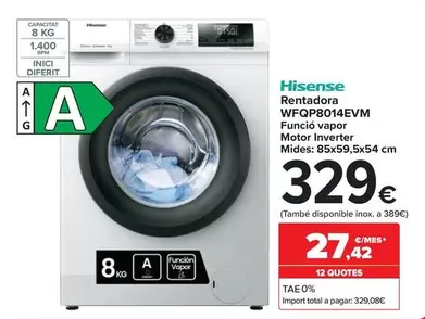 Oferta de Hisense - Lavadora Wfqp8014Evm por 329€ en Carrefour