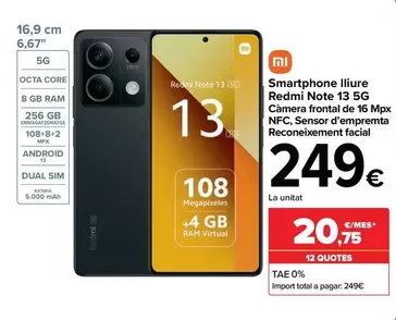 Oferta de Xiaomi - Smartphone Libre  Redmi Note 13 5G por 249€ en Carrefour