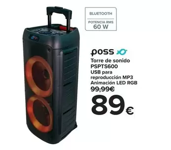 Oferta de Poss - Torre De Sonido PSPTS600 USB Para Reproducción MP3 Animación LED RGB  por 89€ en Carrefour