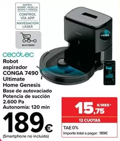 Oferta de Cecotec - Robot Aspirador Conga 7490 Ultimate Home Genesis Base De Autovaciado Potencia De Succión por 189€ en Carrefour