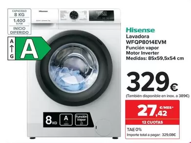 Oferta de Hisense - Lavadora Wfqp8014Evm por 329€ en Carrefour