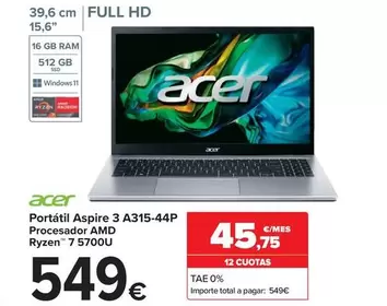 Oferta de Acer - Portatil Aspire 3 A315-44P por 549€ en Carrefour