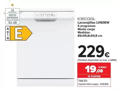 Oferta de Icecool - Lavavajillas Lv60Ew por 229€ en Carrefour