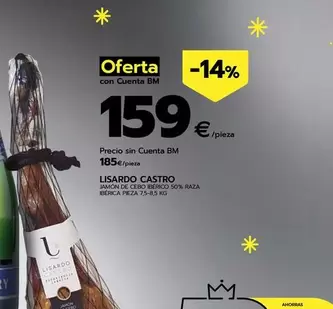 Oferta de Lisardo Castro - Jamón De Cebo Ibérico 50% Raza Ibérica por 159€ en BM Supermercados