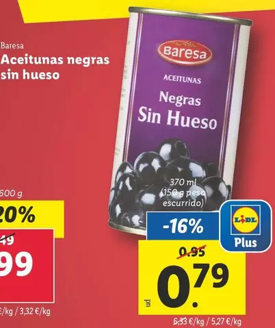 Oferta de Baresa - Aceitunas Negras Sin Hueso por 0,79€ en Lidl