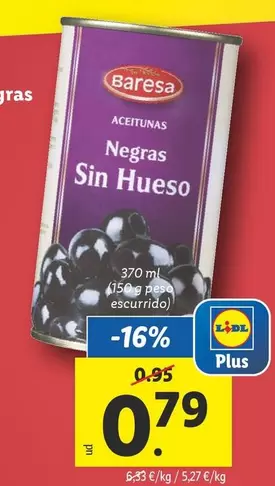 Oferta de Baresa - Aceitunas Negras Sin Hueso por 0,79€ en Lidl