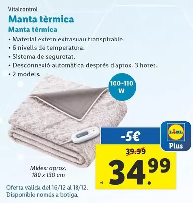 Oferta de Vitalcontrol - Manta Termica por 34,99€ en Lidl