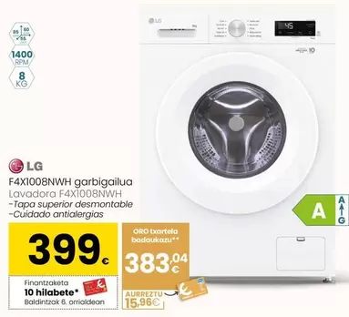 Oferta de LG - Lavadora F4X1008NWH por 399€ en Eroski