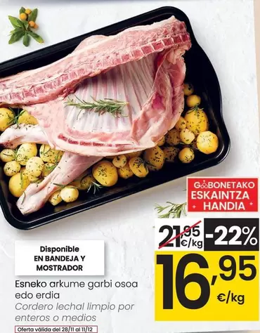 Oferta de Cordero Lechal Limpio Por Enteros O Mendios por 16,95€ en Eroski