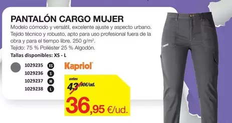 Oferta de Pantalon Cargo Mujer por 36,95€ en Distriplac