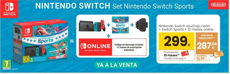 Oferta de Nintendo - Switch azul/Rojo Neon + Switch Sports + 12 Meses Online por 299€ en Eroski