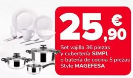 Oferta de Simpl/Magefesa - Set Vajilla 36 Piezas Y Cubertería O Batería De Cocina 5 Piezas Style por 25,9€ en Supeco