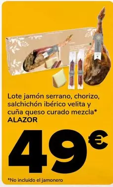 Oferta de Alazor - Lote Jamón Serrano , Chorizo, Salchichón Ibérico Velita Y Cuña Queso Curado Mezcla por 49€ en Supeco